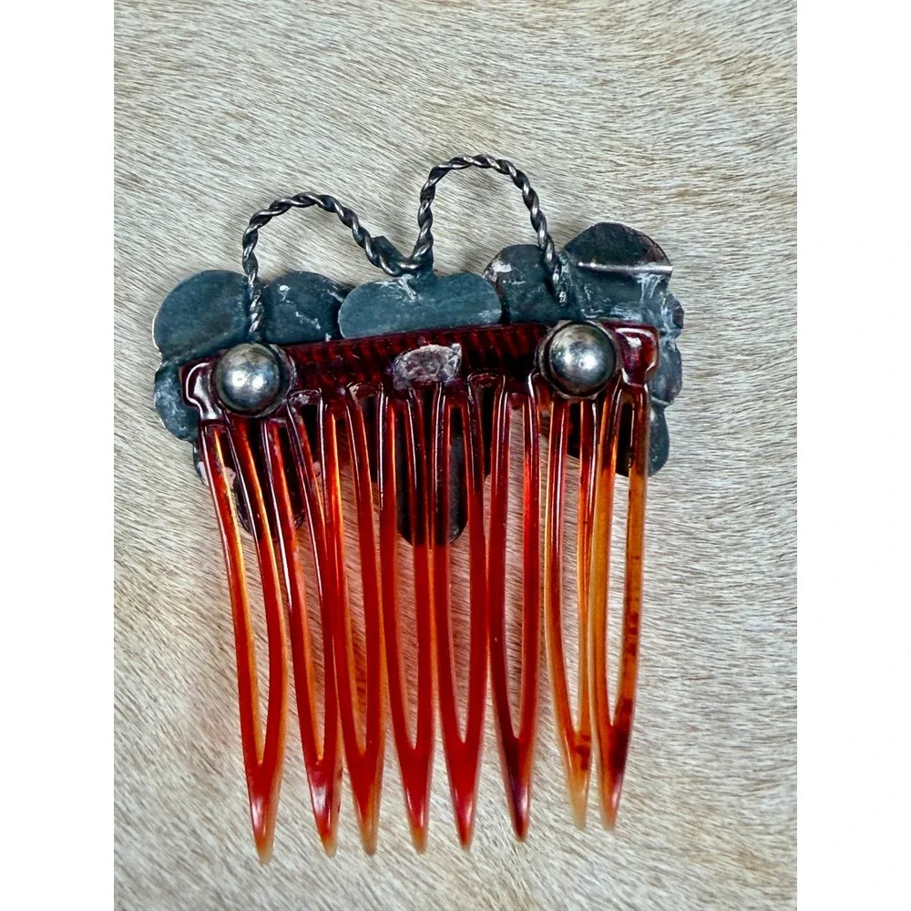 Vintage Sterling Silver Cluster Leaf Hair Comb Amber Translucent Accessoryng